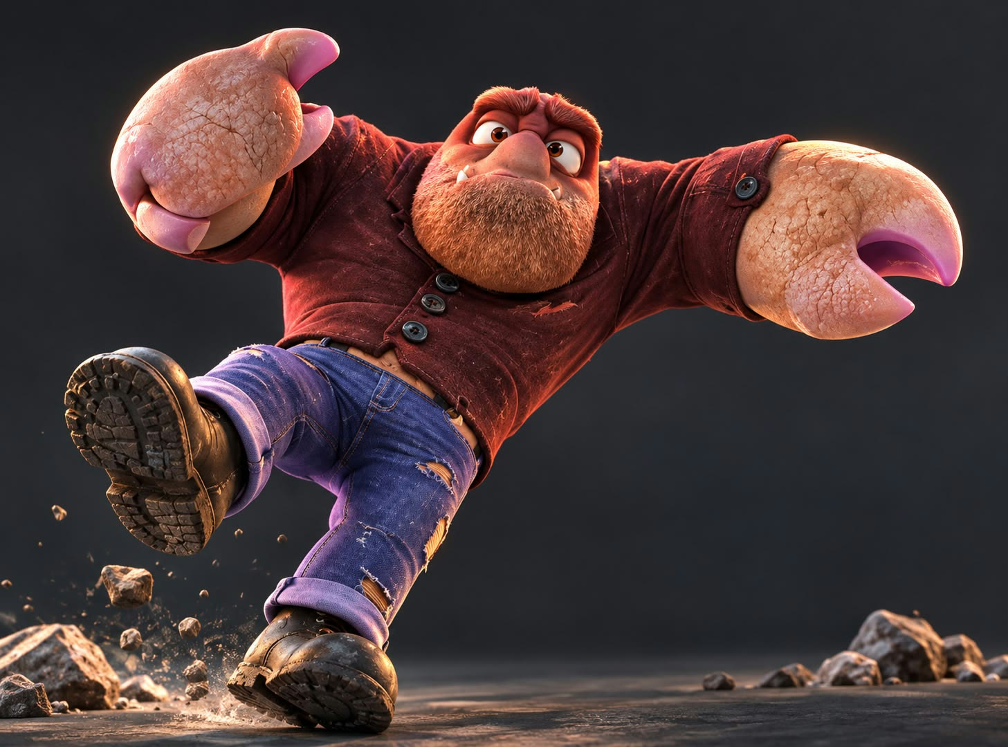 A red-bearded character with giant crab claws, a red shirt, purple jeans and heavy boots, stomping through rubble