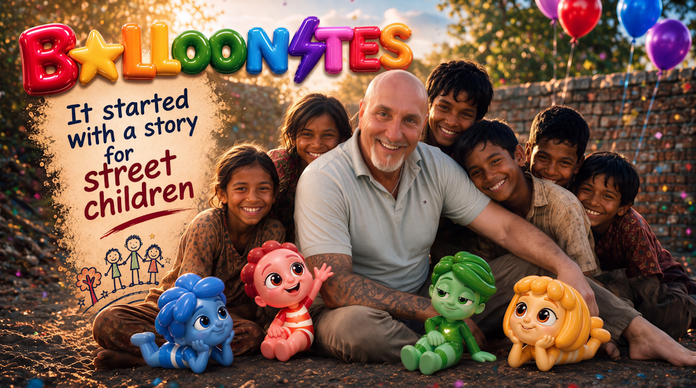 Stefan Michael Driess with children and Balloonites characters